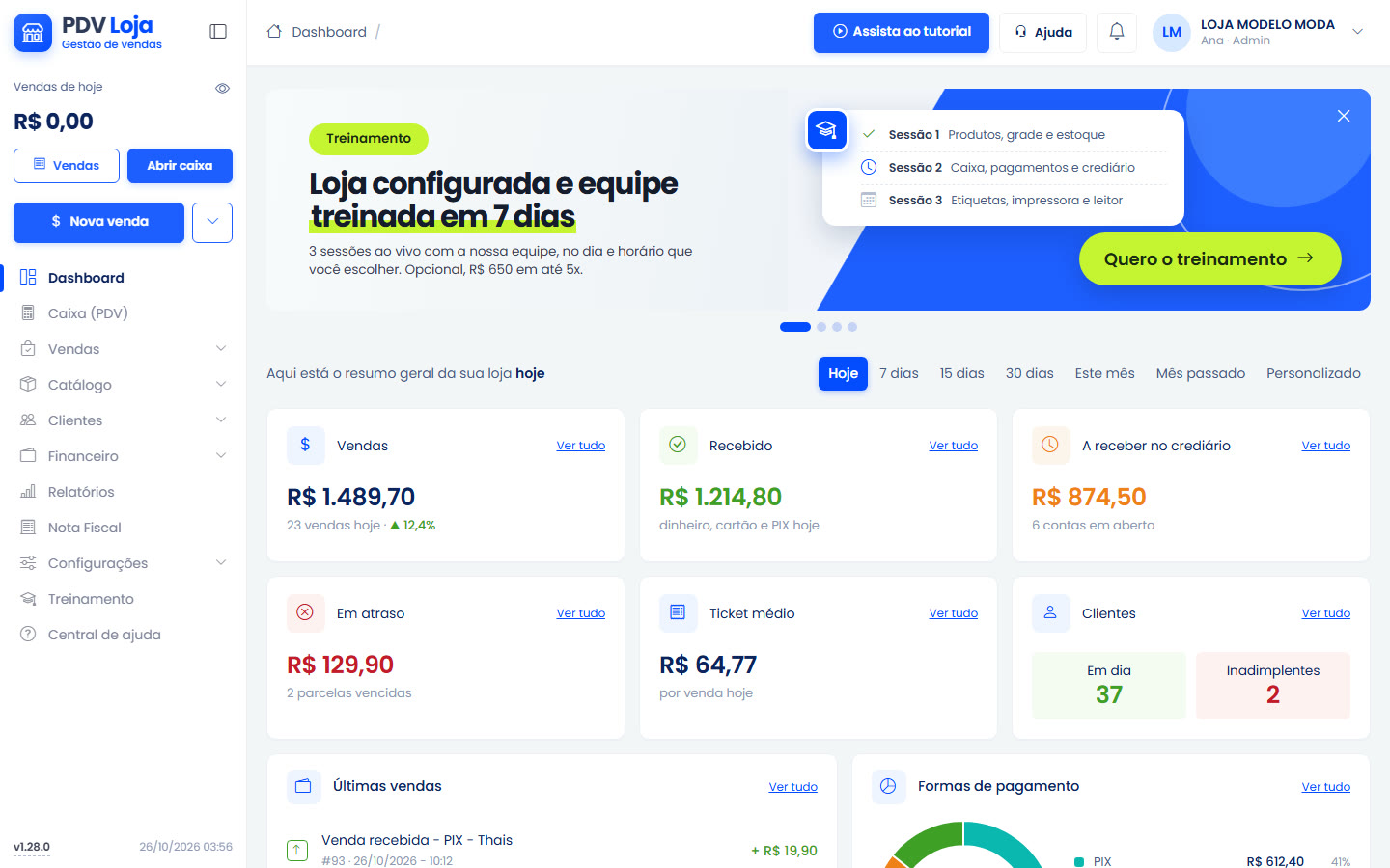 Painel do PDV Loja com vendas, recebidos, crediário e formas de pagamento do dia