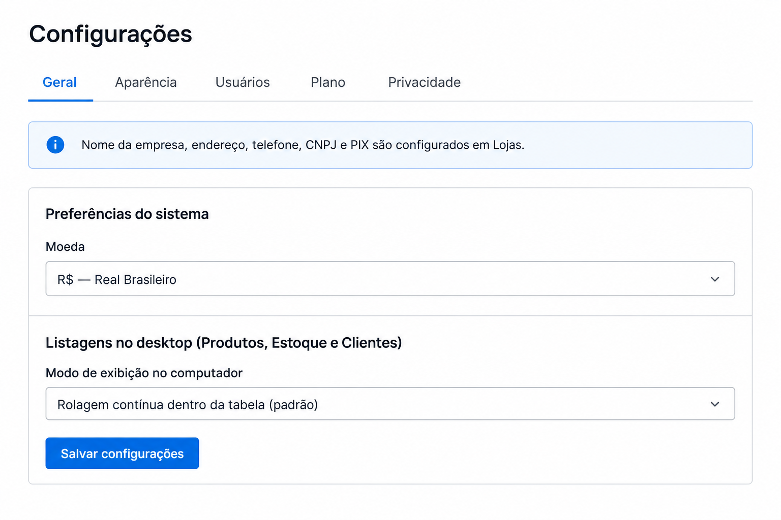 Navegação pelas abas de Configurações