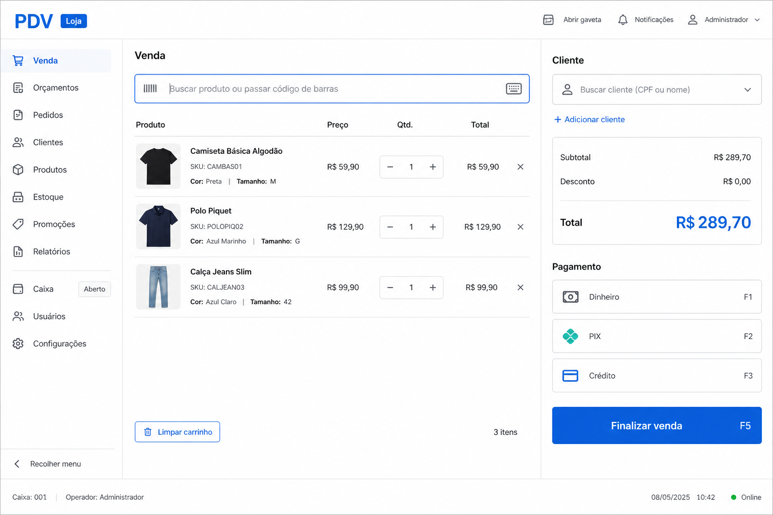 Venda completa: busca, carrinho, cliente e pagamento