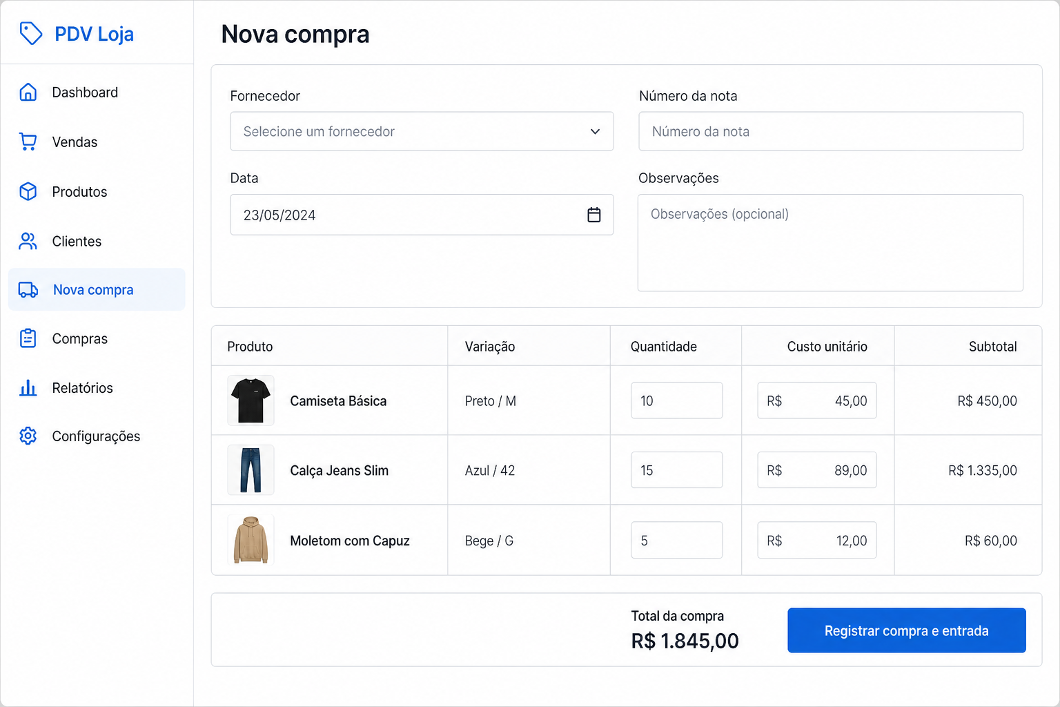 Registro de compra e entrada dos produtos no estoque