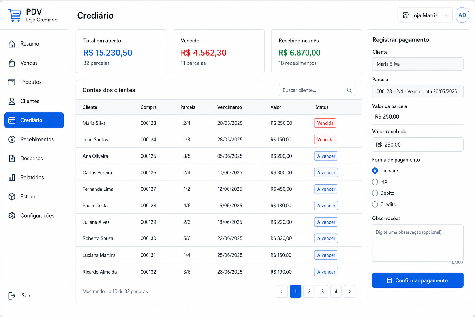 Consulta de crediário e registro de pagamento
