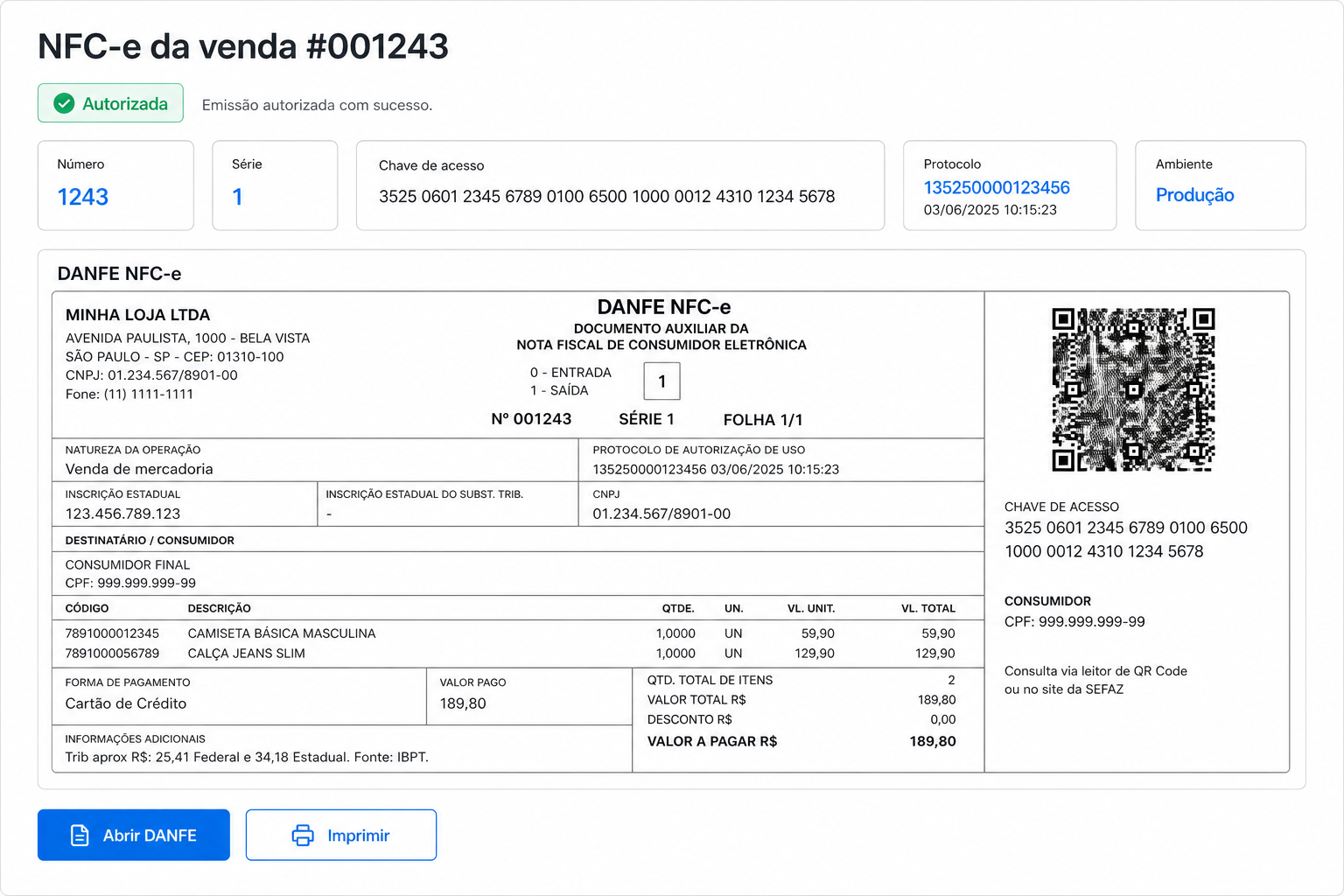 Emissão autorizada e abertura do DANFE NFC-e