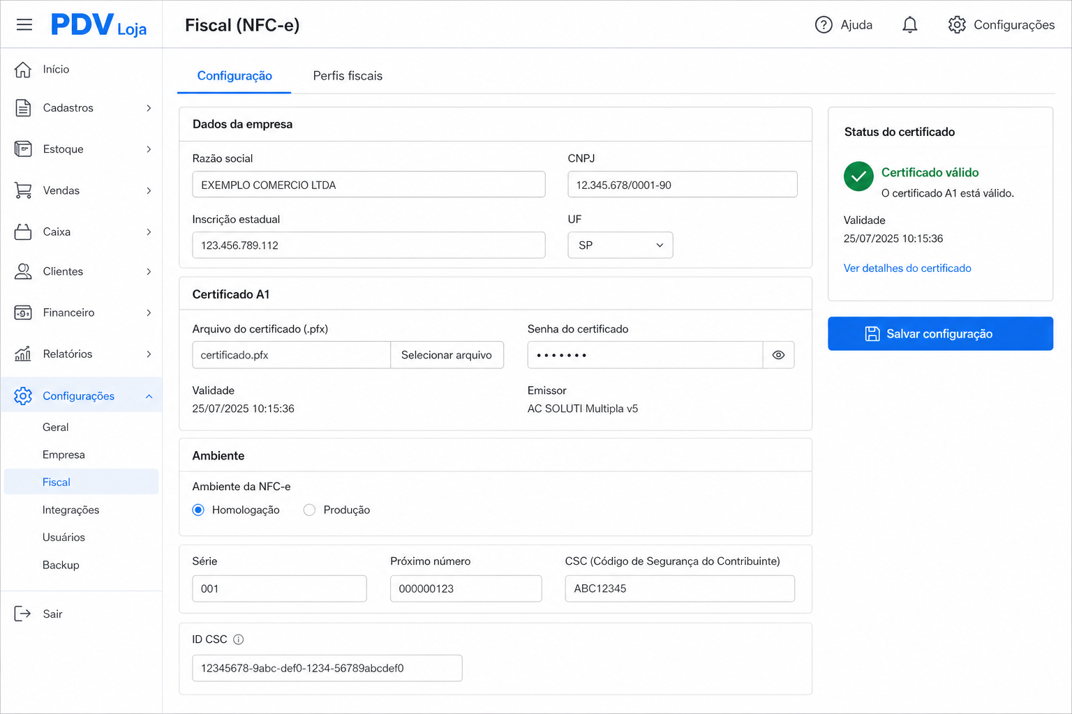Configuração fiscal e envio do certificado digital