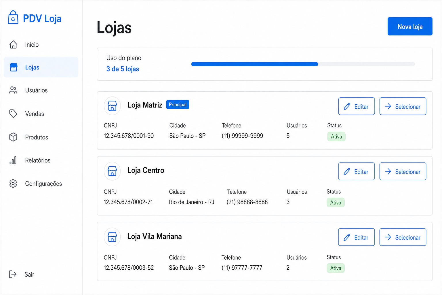 Cadastro de filial e troca da loja selecionada