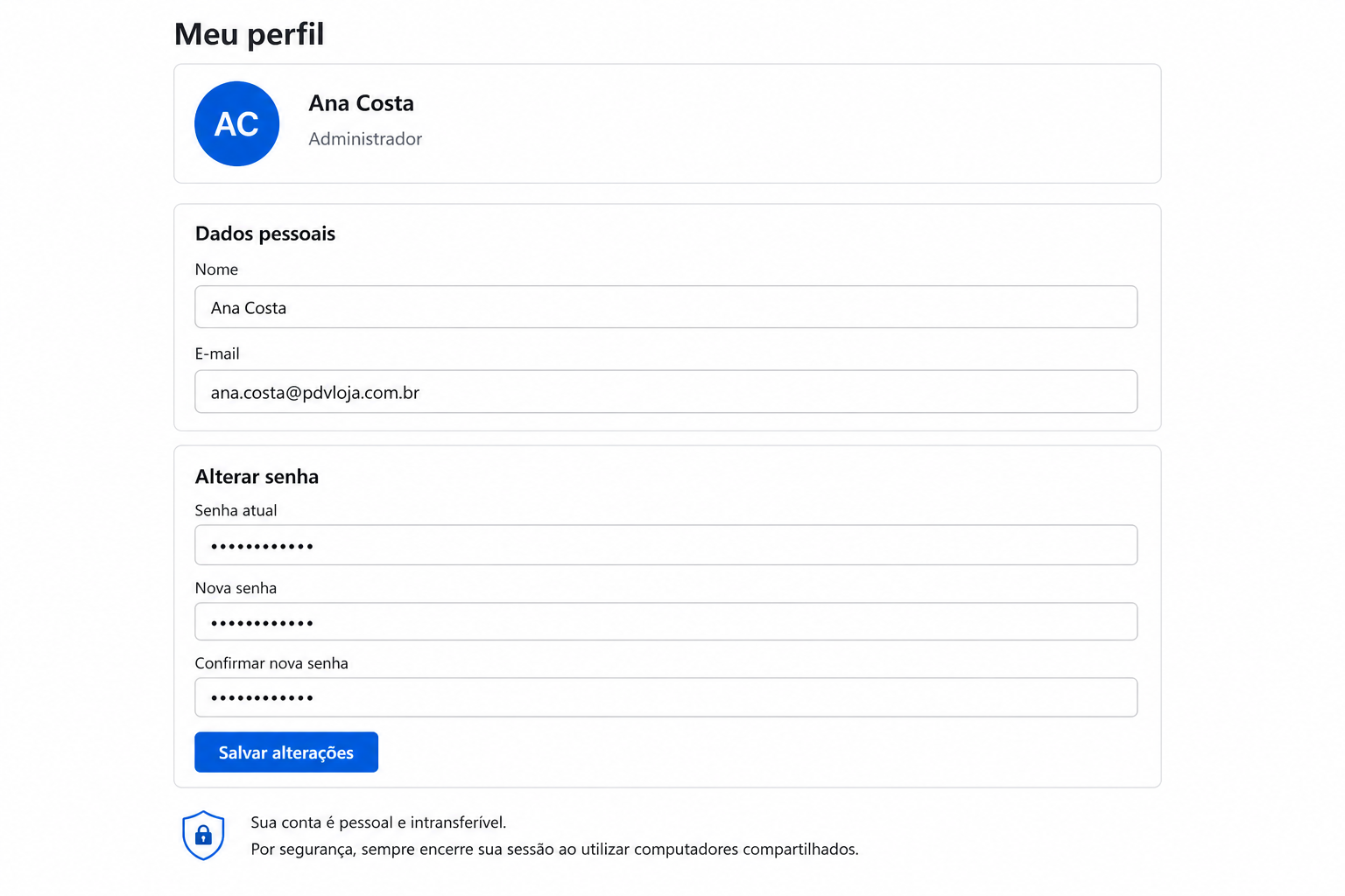 Página de perfil e alteração de senha